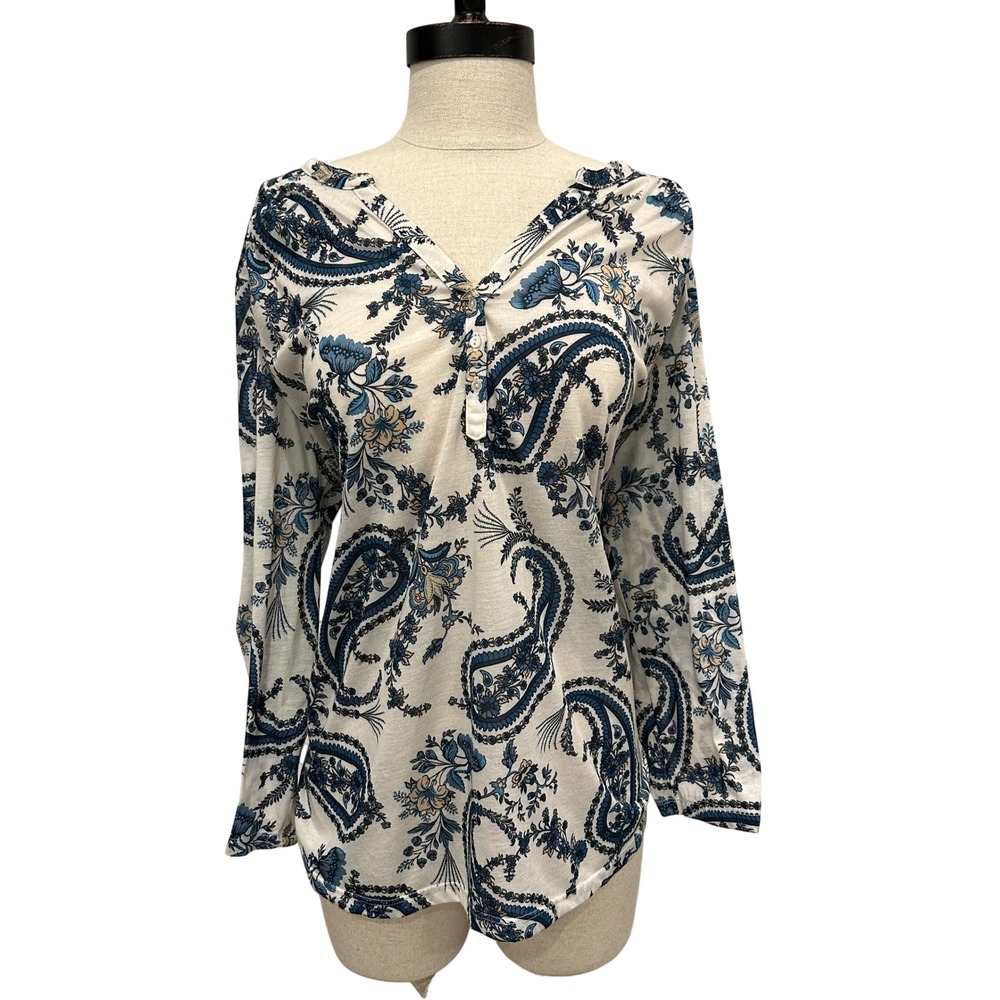 HM Womens XL Blue White Paisley Floral‎ Sheer Blouse Long Sleeve Top 0522398 B